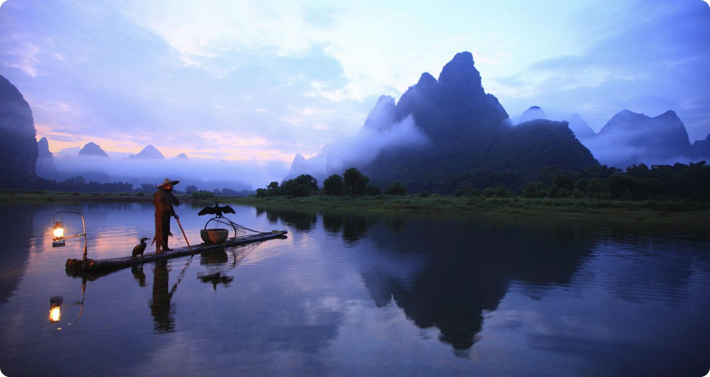 The Li River winding through karst peaks near Yangshuo, Guangxi