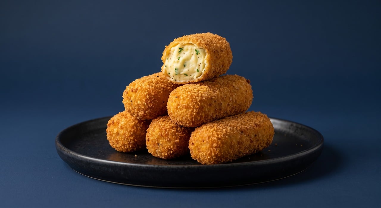 Ein Stapel panierter Kroketten auf einem dunklen Teller, die oberste aufgebrochen, sodass eine helle, mit Kräutern gesprenkelte Füllung zu sehen ist.