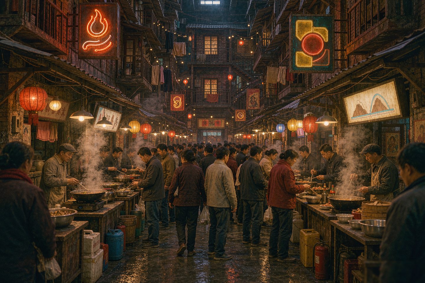 Paniers vapeur et bols sur un étal du marché de nuit de la vieille ville de Changsha