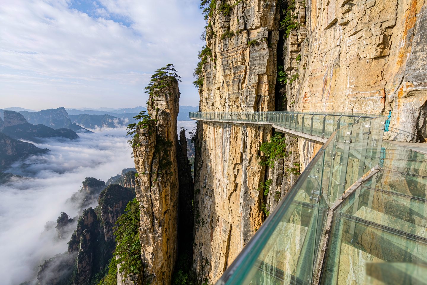 Passerelle de verre boulonnée à la falaise du mont Tianmen