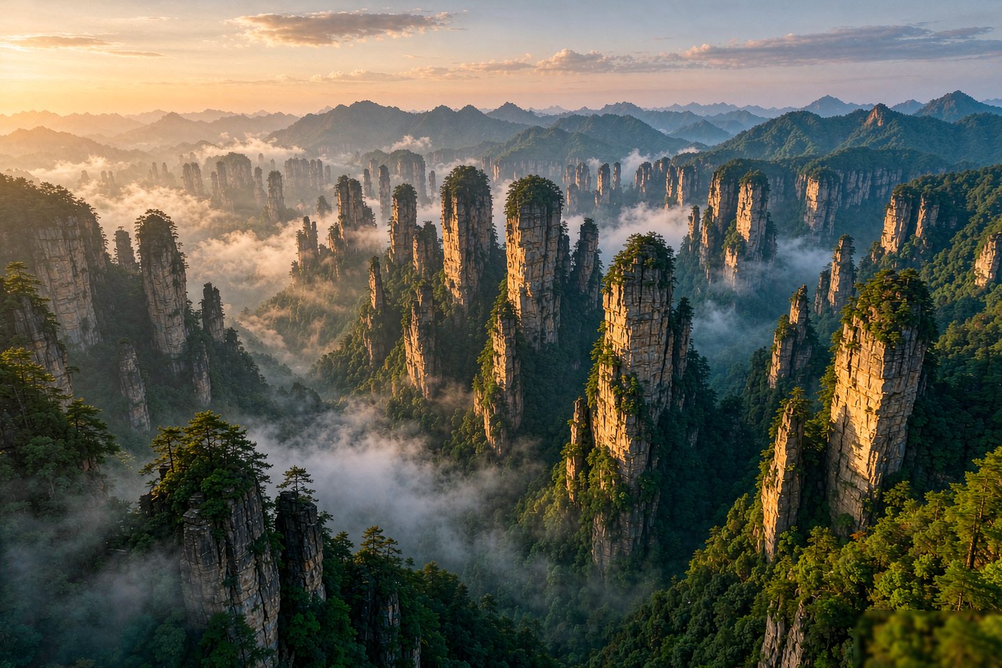 Piliers de grès quartzeux de la forêt de Zhangjiajie qui s’élèvent à travers les arbres